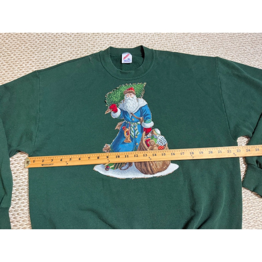 Vintage Jerzees Christmas Santa Sweatshirt XL Green 90'e USA embroidered sweater - Picture 7 of 7